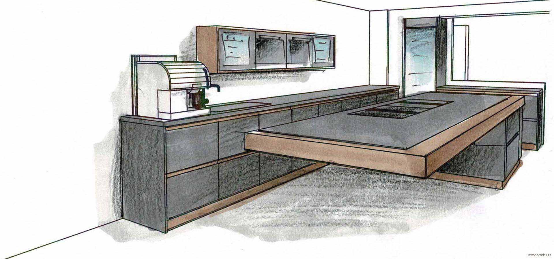 Planungsentwurf für Designküche mit ausgefallenem Design und perfekter Funktionalität  von woodendesign feine Möbel Tischler Möbeltischler Möbeltischlerei Hamburg