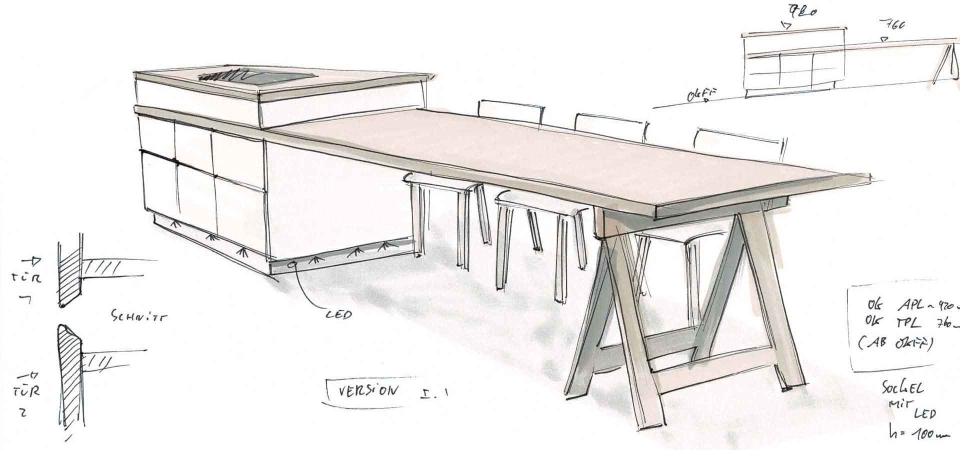 händischer Planungsentwurf Skizze für den Küchenblock einer Massivholzküche woodendesign
