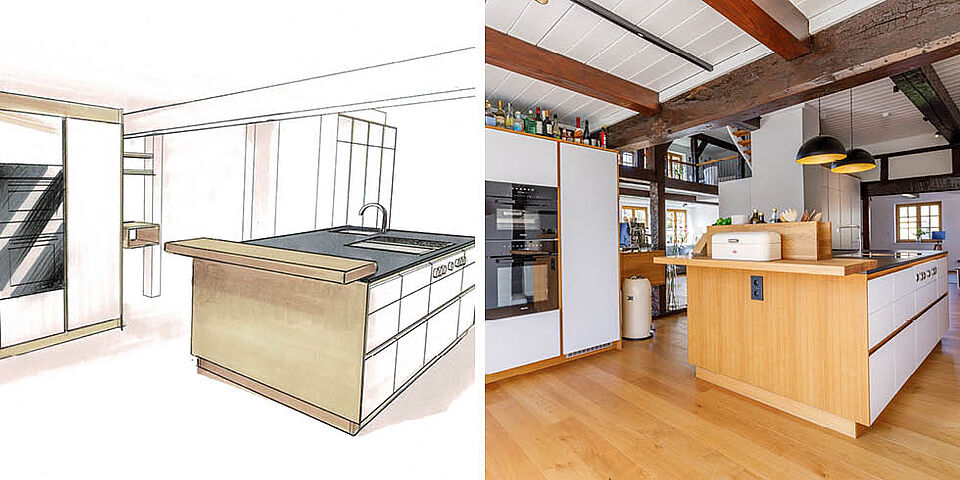 Entwurfsskizze der Kücheninsel aus der woodendesign Möbeltischlerei, Grundlage für die Maßanfertigung im Fachwerkhaus.
