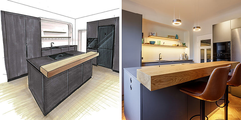 Küchenplanung und Ergebnis im Vergleich – Visualisierung der Insel mit Eiche-Sitztheke neben dem Foto der fertig umgesetzten Küche.