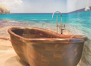 Badezimmermöbel, Waschbecken und Badewanne aus purem Holz von der Möbelmanufaktur woodendesign