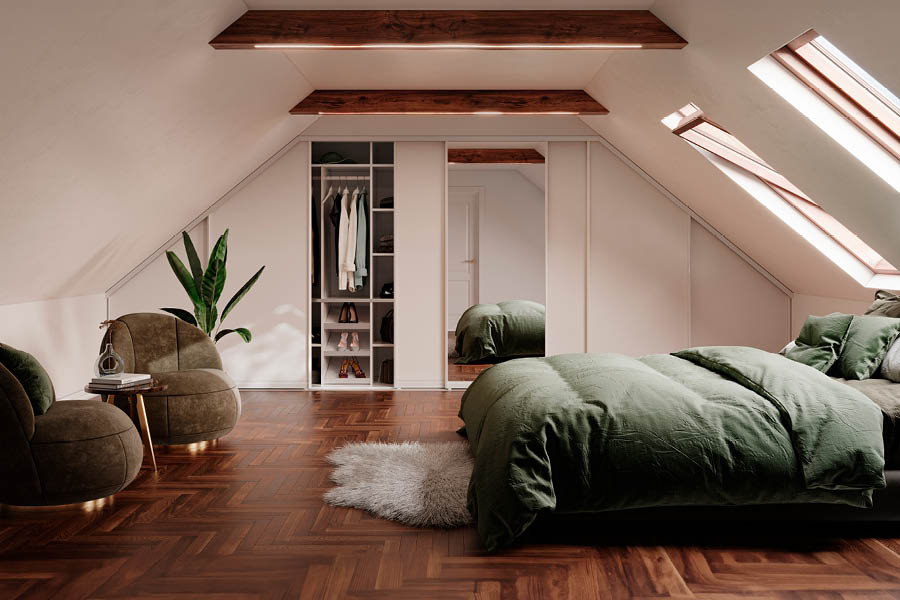 Aktuelles – Trends – News im Februar 2024 | Einbaukleiderschrank im Schlafzimmer, beidseitige Dachschräge, Möbel für Zimmer mit Dachschrägen | Möbeltischlerei woodendesign | Tischler Möbeltischler Möbelmanufaktur Hamburg