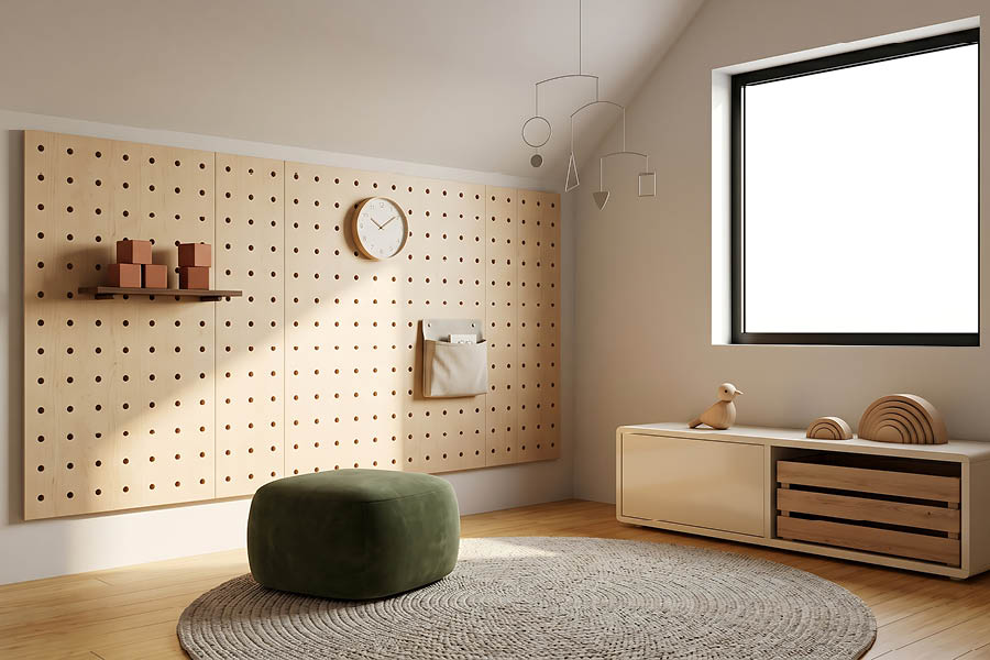 Flexibel nutzbares Kinderzimmer mit modularer Lochwand und maßgefertigten Stauraumlösungen aus Holz | Aktuelles – Trends – News im Mai 2026 | Möbeltischlerei Tischlerei Möbeltischler Möbelmanufaktur Hamburg