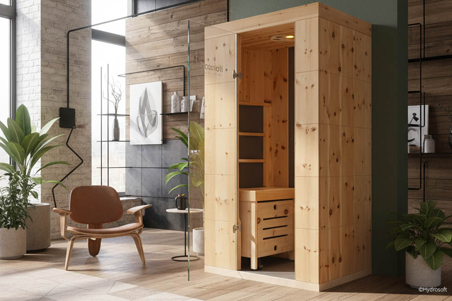 Kompakte Wärmekabine aus hellem Holz mit Glastür als Wellnesslösung im Wohnraum | Sauna Wärmekabine Infrarot | Aktuelles – Trends – News im Juli 2026 | Möbeltischlerei Tischlerei Möbeltischler Möbelmanufaktur Hamburg