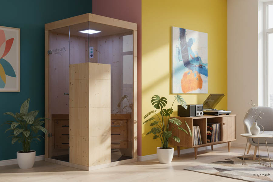 Platzsparende Wärmekabine mit Glasfront und Holzinterieur in einem modernen Wohnbereich | Sauna Wärmekabine Infrarot | Aktuelles – Trends – News im Juli 2026 | Möbeltischlerei Tischlerei Möbeltischler Möbelmanufaktur Hamburg
