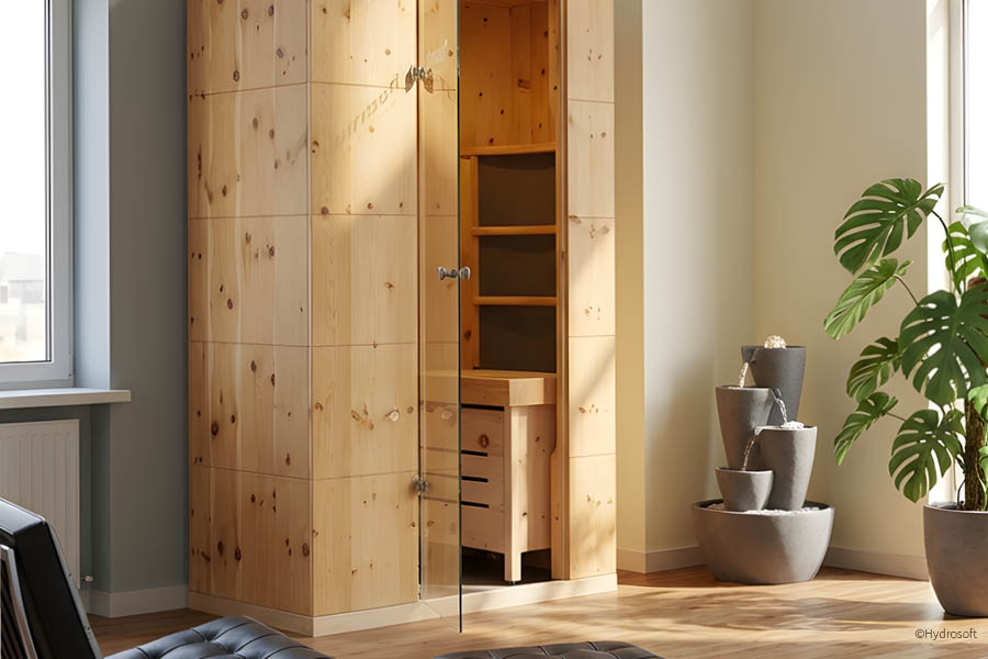 Schmale Wärmekabine aus hellem Holz mit Glastür für einen kleinen Wellnessbereich zuhause | Sauna Wärmekabine Infrarot | Aktuelles – Trends – News im Juli 2026 | Möbeltischlerei Tischlerei Möbeltischler Möbelmanufaktur Hamburg