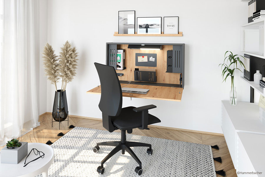 Büromöbel für Arbeitszimmer & Homeoffice - platzsparender Klappschreibtisch an der Wand als Homeoffice - Möbeltischlerei woodendesign feine Möbel aus Hamburg