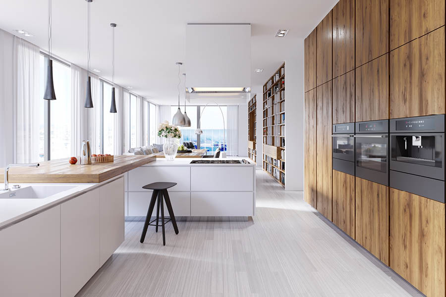 Designerküche mit weißen Unterschränken & Einbauschrank / Hochschrank mit grifflosen Massivholzfronten nach Maß von woodendesign feine Möbel Tischler Möbeltischler Möbeltischlerei Hamburg