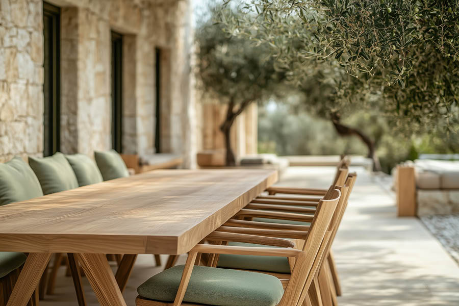 Mediterraner Esstisch auf Terrrasse | Outdoorküche / Außenküche nach Maß und genau nach Ihren Wünschen von der Möbeltischlerei woodendesign feine Möbel aus Hamburg Möbeltischler Tischlerei Tischler