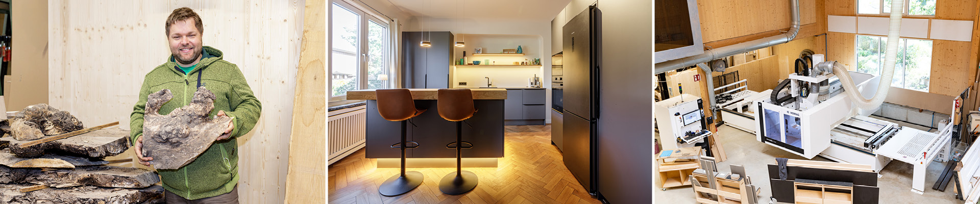 Collage aus woodendesign Möbeltischlerei und fertiger Küche – Mitarbeitender mit Holzstück, Einblick in die Küche und CNC-Maschine in der Werkstatt.