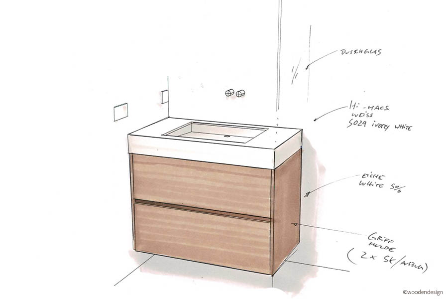 Planungsskizze Einzelwaschtisch mit Unterschrank | Badezimmermöbel von Ihrer Möbeltischlerei in Hamburg aus Holz für individuelle Badezimmer - Badezimmereinrichtungen - Badewanne & Waschbecken aus edlem Holz auf Wunsch und nach Maß aus Holz - woodendesign feine Möbel