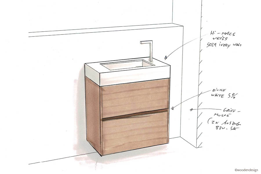 Planungsskizze Waschschrank im Gäste-WC mit Unterschrank | Badezimmermöbel von Ihrer Möbeltischlerei in Hamburg aus Holz für individuelle Badezimmer - Badezimmereinrichtungen - Badewanne & Waschbecken aus edlem Holz auf Wunsch und nach Maß aus Holz - woodendesign feine Möbel