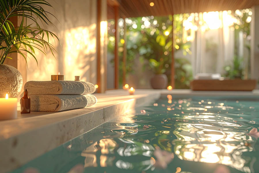 Privater Spa- / Innenpoolbereich – JOKA Butterfly Design-Sonnenliege / Outdoorliege – Komfort bei Feuchtigkeit, robuste Oberflächen