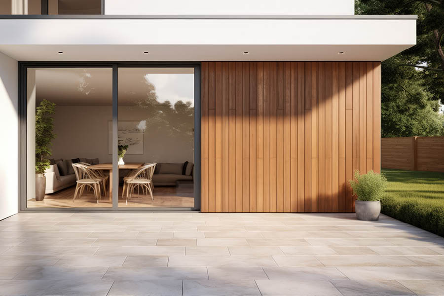 Holzpaneel an Hauswand - Ihre Möbeltischlerei in Hamburg für Wohnmöbel auf Terrasse & Balkon - Bodenbeläge und Möbel aus natürlichem Holz - woodendesign feine Möbel