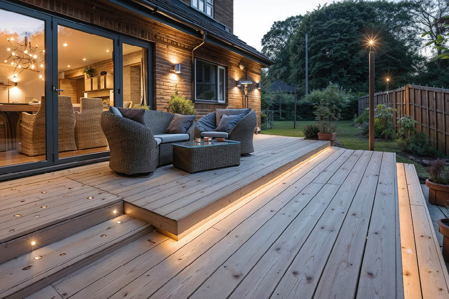 Holzterrasse mit integrierter Beleuchtung - Ihre Möbeltischlerei in Hamburg für Wohnmöbel auf Terrasse & Balkon - Bodenbeläge und Möbel aus natürlichem Holz - woodendesign feine Möbel
