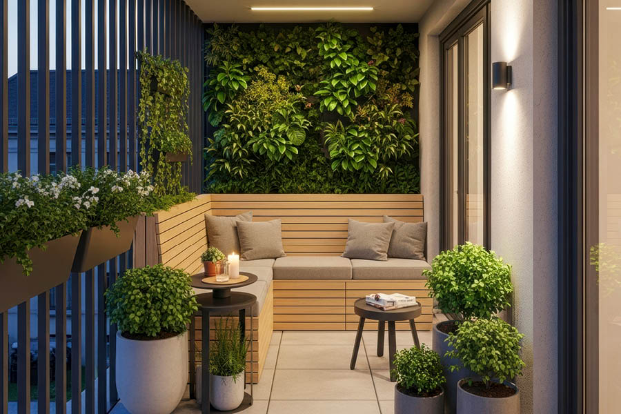 Sitzecke auf Balkon - Ihre Möbeltischlerei in Hamburg für Wohnmöbel auf Terrasse & Balkon - Bodenbeläge und Möbel aus natürlichem Holz - woodendesign feine Möbel