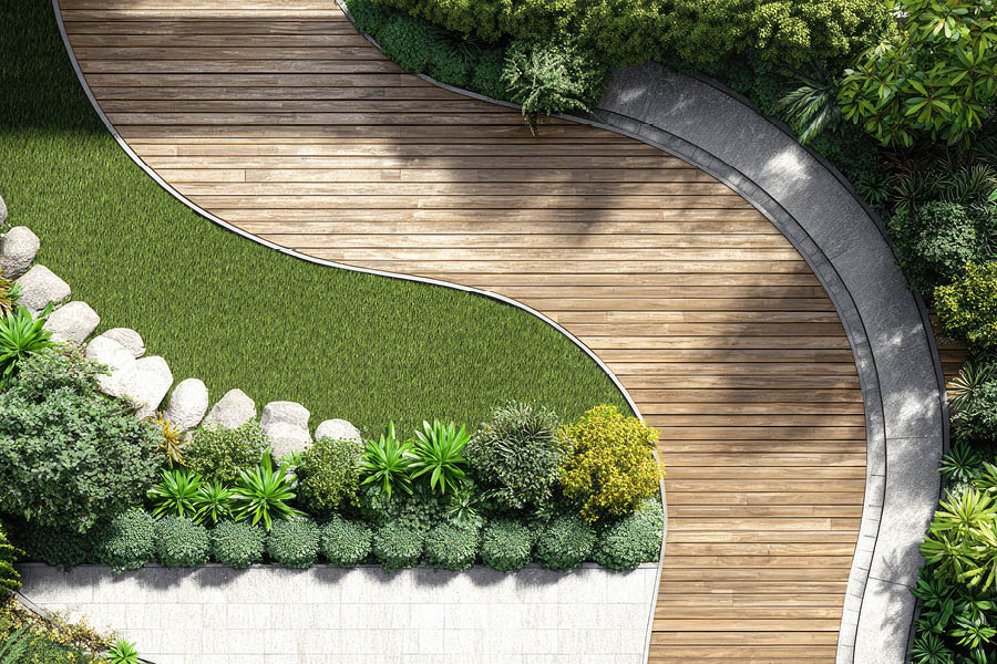 Holzweg durch Grünfläche - Ihre Möbeltischlerei in Hamburg für Wohnmöbel auf Terrasse & Balkon - Bodenbeläge und Möbel aus natürlichem Holz - woodendesign feine Möbel